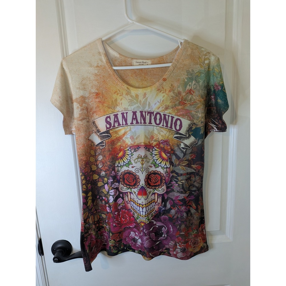 Sweet Gisele San‎ Antonio Sugar Skull Floral Graphic T-Shirt Womens Small USA